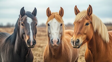 Three horses with a cat --
