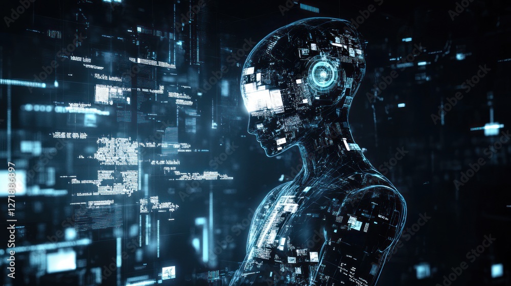 Aufkleber abstract artificial intelligence humanoid silhouette with data streams