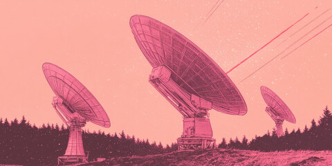 Obraz premium Futuristic Array of Satellite Dishes Against a Starry Pink Sky