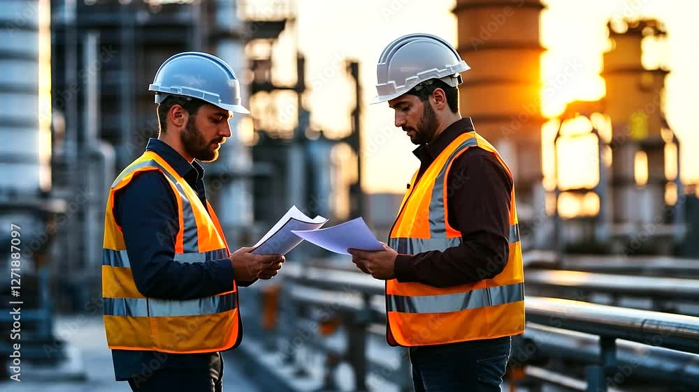 Aufkleber two engineers discussing maintenance while walking next to complex pipelines in a refinery plant, wi