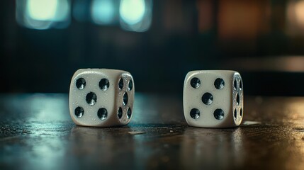 Two White Dice on Dark Wet Surface with Blurry Background Lights