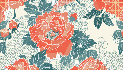Peony flowers, seamless pattern, traditional Japanese fabric motifs, vector illustration, floral textile design, Japanese patchwork background, ornamental flower patterns © aura studio