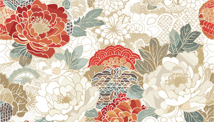 Japanese fabric motifs, Peony flowers vector illustration, patchwork design, seamless pattern, floral Japanese background, oriental textile patterns, patchwork floral artwork © aura studio