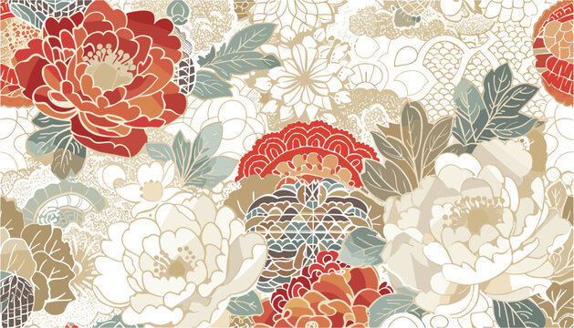 Japanese fabric motifs, Peony flowers vector illustration, patchwork design, seamless pattern, floral Japanese background, oriental textile patterns, patchwork floral artwork