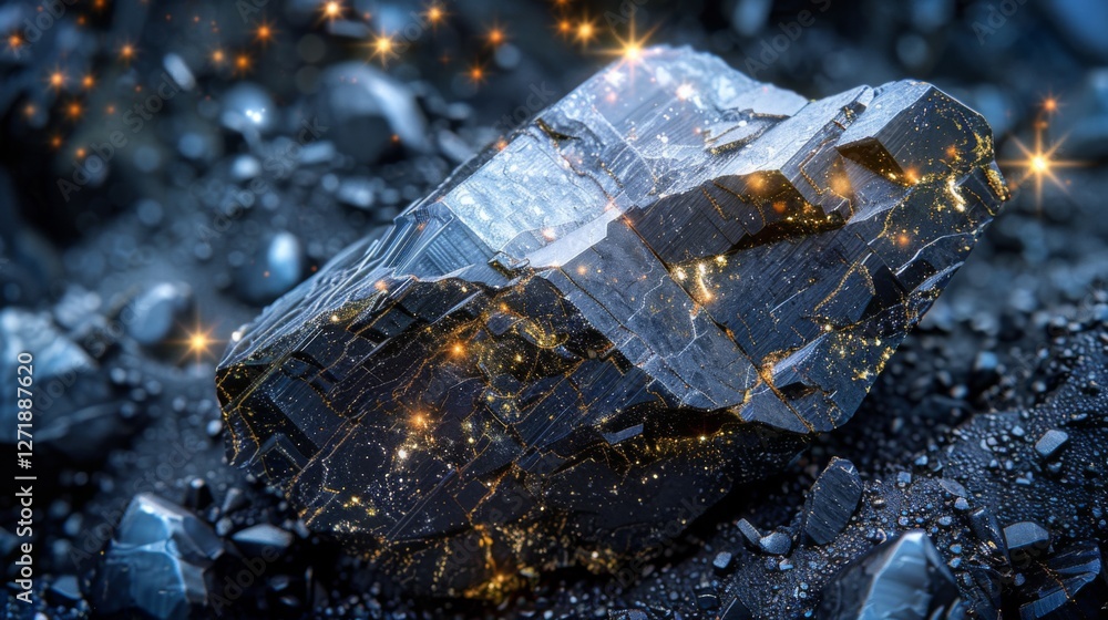 Aufkleber a unique mineral specimen glimmers with embedded light effects against a textured background, showca