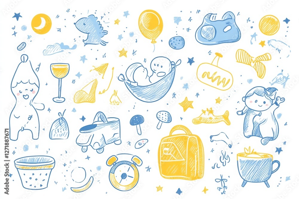 Poster creative doodles featuring cute characters and playful objects in a whimsical, colorful arrangement.