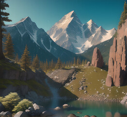 View of a dense forest in, showcasing tall evergreen trees reaching towards the sky. In the distance, a majestic snow-capped mountain range rises against a hazy sky.generative ai	