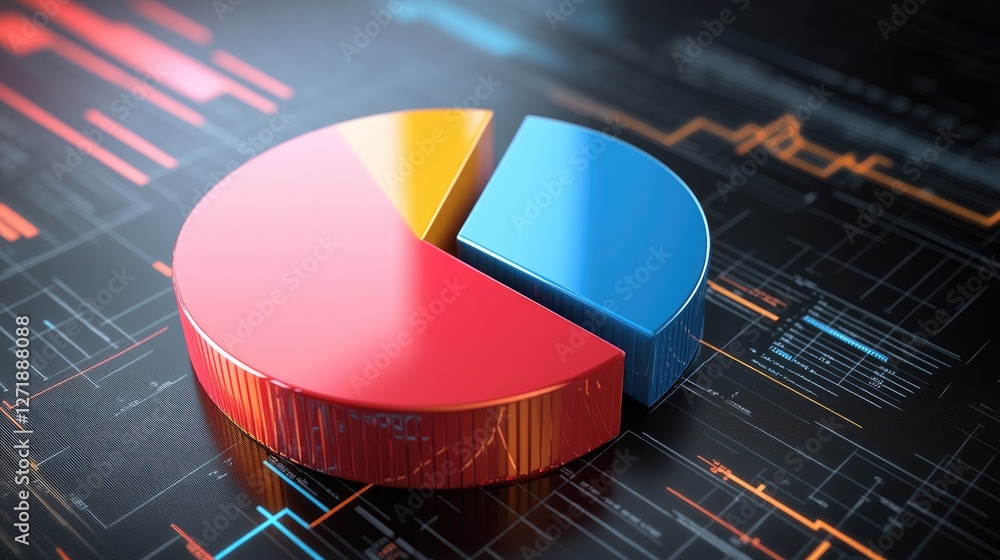 Poster a visually striking image of a d pie chart with segments popping out and a sleek, professional desig