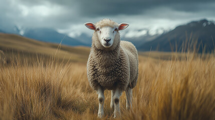 Fototapeta premium A woolly sheep standing in tall grassy meadows, gazing towards the camera, showcasing the calmness and natural beauty of pastoral landscapes.