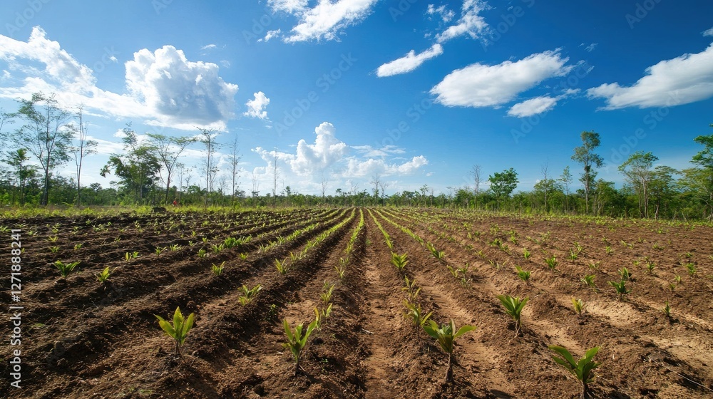 Poster a wide shot of a reforestation project with rows of newly planted trees in a cleared field, showing 