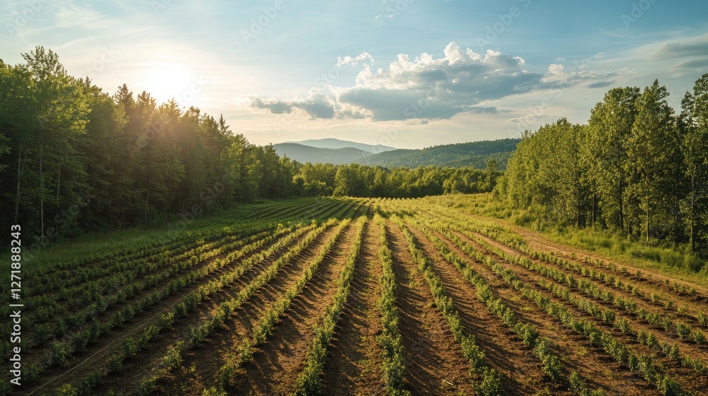 Poster a wide shot of a reforestation project with rows of newly planted trees in a cleared field, showing 