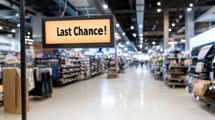 A sign hanging from a store ceiling that says "Last Chance!" in orange letters