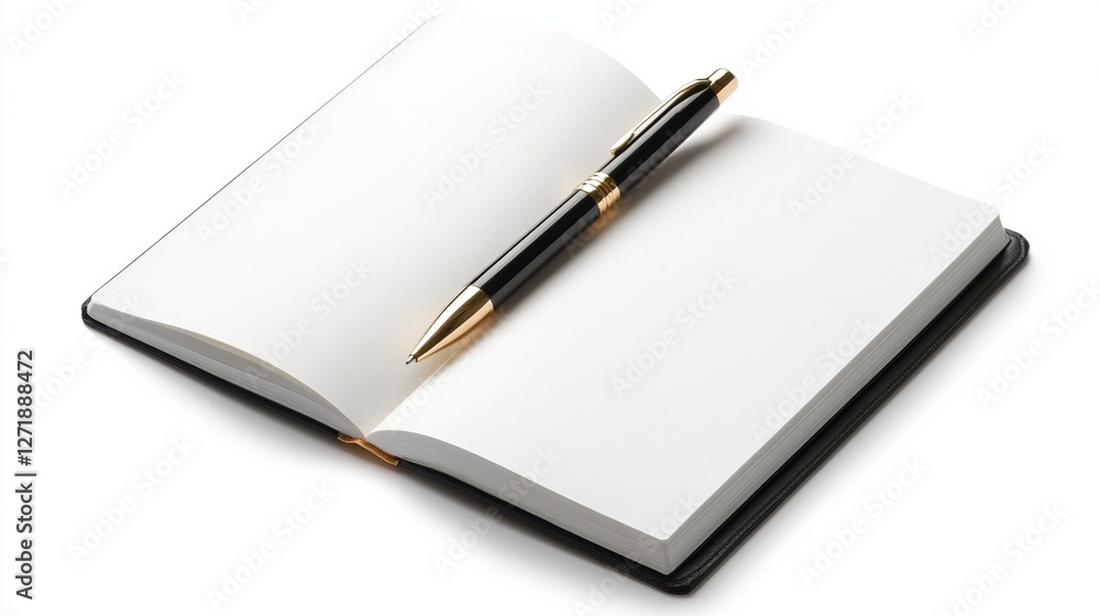 Poster a pen is sitting on top of a blank page in a notebook