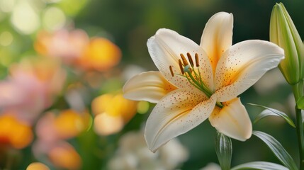 Fototapeta premium Elegant White Lily in Bloom Surrounded by Colorful Garden Background