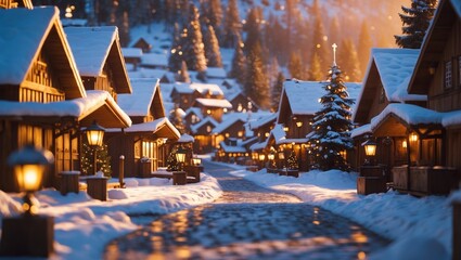 Fototapeta premium Snow-covered village at sunset with warm lights glowing from cozy houses