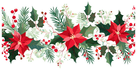 Xmas seamless floral border vector with poinsettia, holly berries, mistletoe, pine, fir branches, cones, rowan berries, winter plants, holiday decoration, Christmas pattern