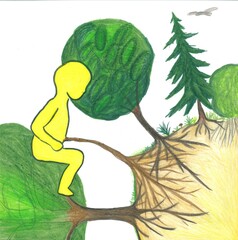 Birth, colored ilustration of delivery (parturition, childbirth), newborn baby, placenta, connection with mother, new family, hypnobirthiing, natural