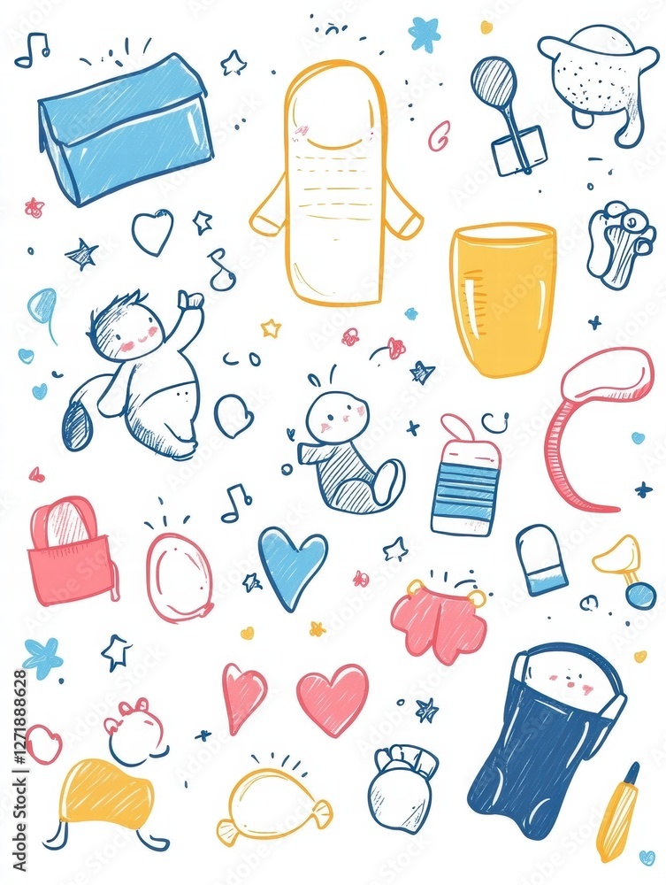Poster playful doodles featuring cute characters and everyday objects in bright colors set against a light 