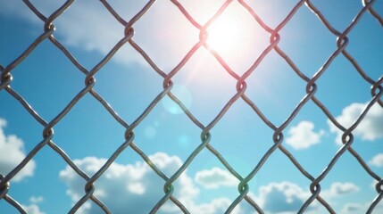Naklejka premium A sunlit chain link fence reveals a vibrant blue sky dotted with fluffy white clouds, a captivating interplay of structure and nature's beauty.