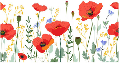 Hand drawn Seamless Poppy Flowers and leaf vector, Minimal Spring Summer Texture, Full Vector illustration with Flat Colours, Floral Background, Decorative Art, Wrapping Paper