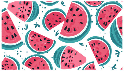 Seamless pattern with pink watermelons and slices, hand drawn on white background, for fabric, wallpaper, children's room, fruits background, print, drawing labels, kitchen decor