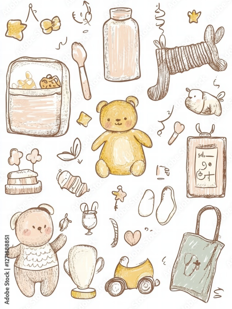 Poster cute illustrations of toys and baby items arranged playfully on a light background with soft colors 