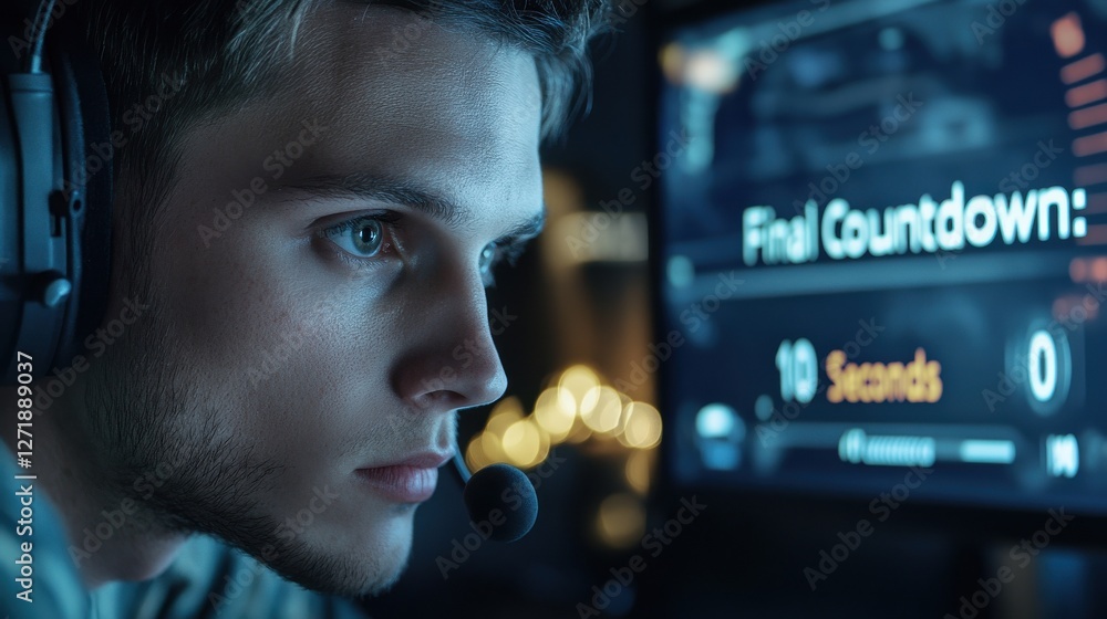 Poster he is wearing a headset and he is focused on the screen