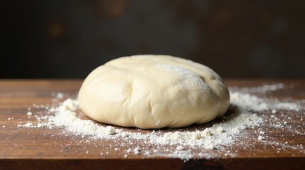 A smooth ball of freshly made dough rests on a wooden surface, dusted with flour, ready for baking delicious treats.