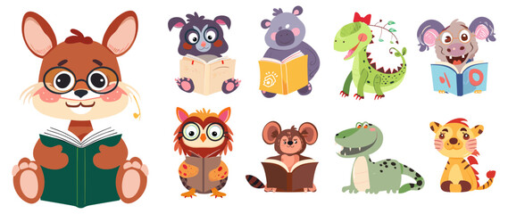 Cute cartoon animals reading books, smart owl, rabbit, crocodile, elephant in glasses, literature study, pupil characters, kids stories, fun illustrations, animal characters