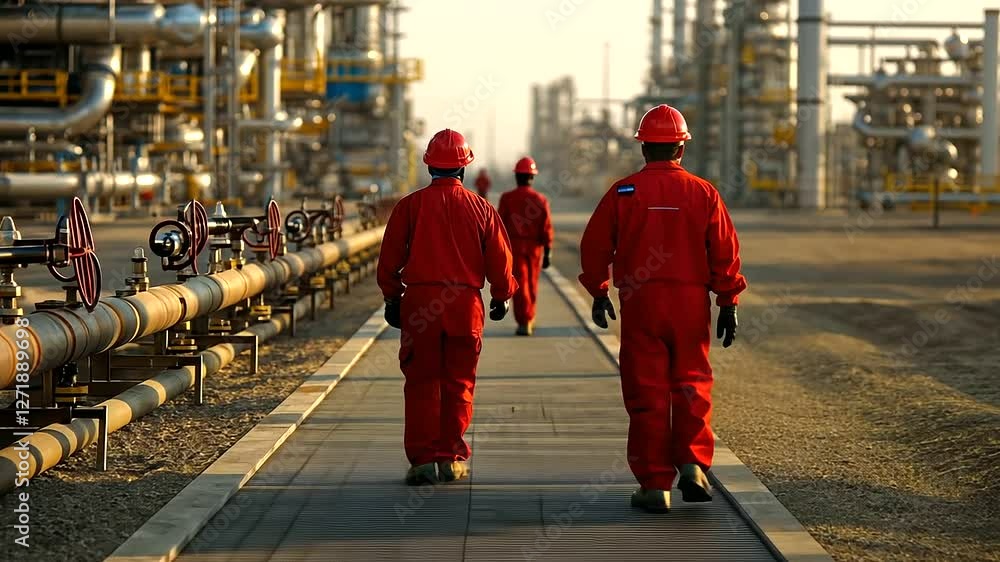 Poster workers walking side by side through a refinery plant, with gas pipelines extending in every directi