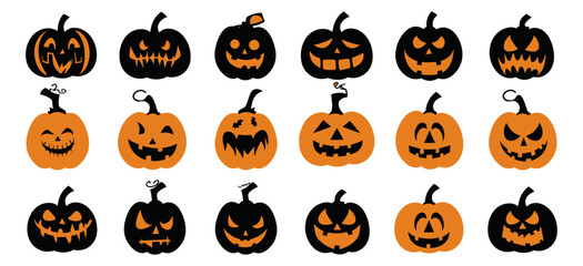 Halloween pumpkin lanterns, creepy carved pumpkins, spooky cut pumpkins, Halloween pumpkins set, scary pumpkin faces, spooky decoration, carved Halloween pumpkins