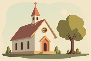 Naklejka premium Illustration of a Small Church with Tree and Shrubs