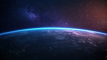 Fototapeta premium A stunning view of Earth from space, highlighting its curvature and the vibrant atmosphere against a backdrop of stars and cosmic colors.