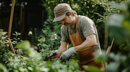 Fototapeta premium A man is trimming plants in a garden