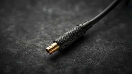 Naklejka premium Cable for audio transfer. Close-up of a black cable connector with a gold tip on a textured surface.