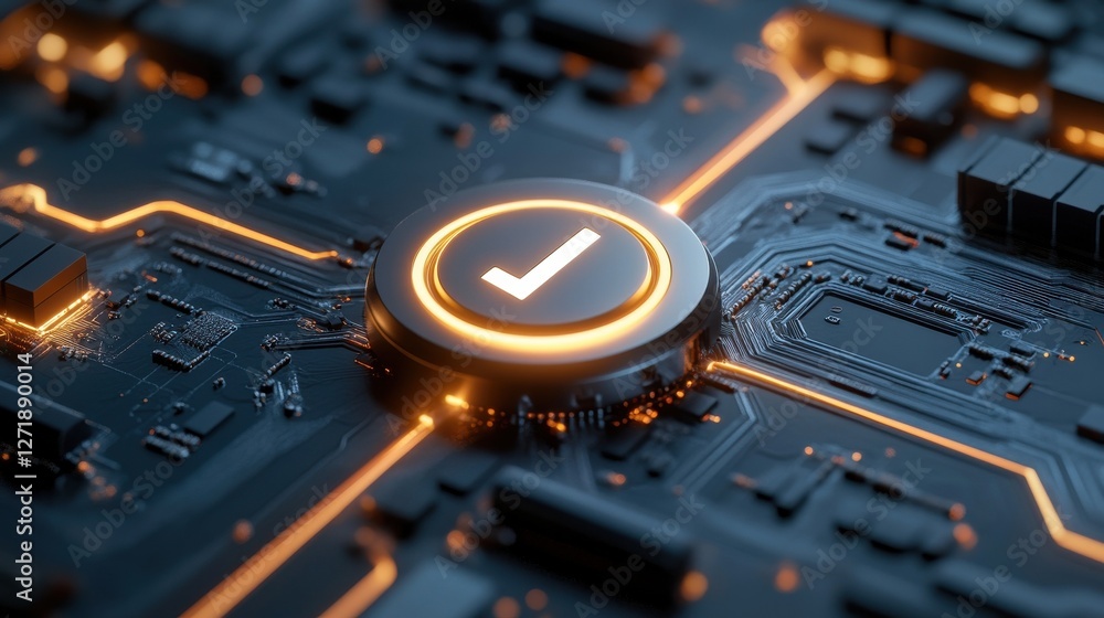 Aufkleber a glowing check mark is displayed on a circuit board