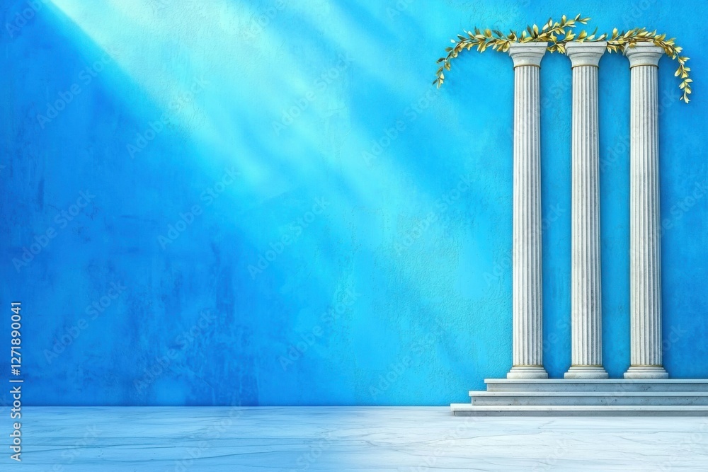 Poster a serene blue background features three elegant white columns adorned with greenery, evoking a class
