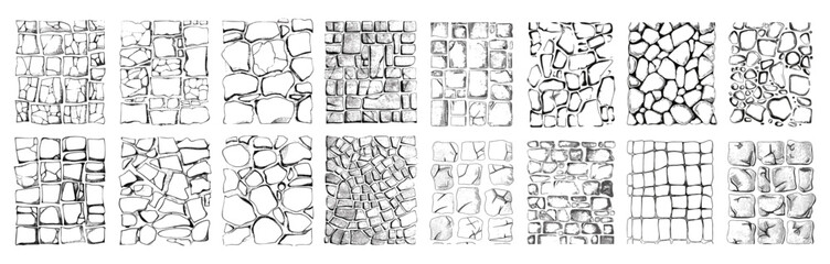 Set of vector illustration hand drawing paving stone and brick textures, seamless patterns of street pavement, cobblestone wall or path, floor tiles top view, urban background