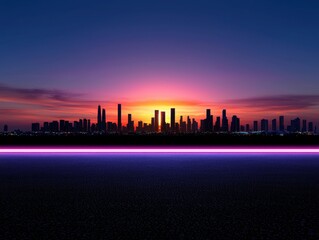Obraz premium Stunning city skyline at sunset with colorful sky and modern architecture.