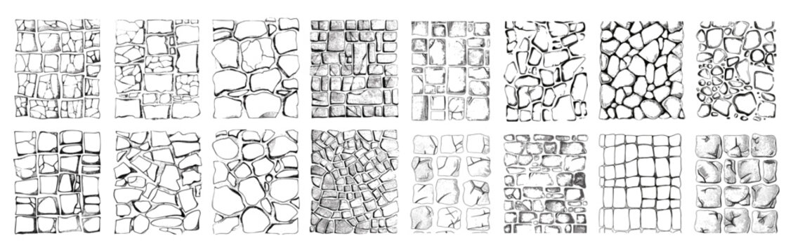 Set of vector illustration hand drawing paving stone and brick textures, seamless patterns of street pavement, cobblestone wall or path, floor tiles top view, urban background