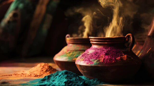 Colorful smoke rising from holi festival pots