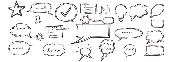 Fototapeta premium Hand-drawn vector illustration of pencil speech bubbles, punctuation marks, underline, arrow, highlight text, charcoal doodle check mark, explosion balloon, pencil stroke