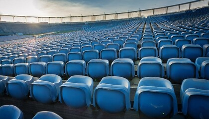 Naklejka premium Blue seats in an outdoor stadium, rows of seats, advertising photography. Generated image