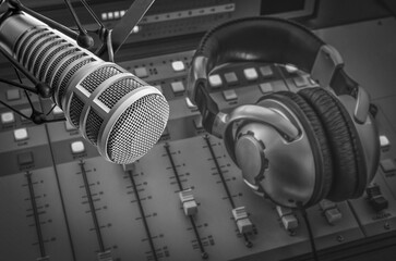Professional microphone and sound mixer in radio station studio