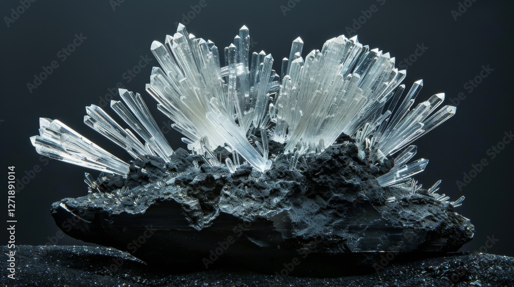 Poster shimmering quartz crystals rise elegantly from a contrasting dark rock, beautifully lit to highlight