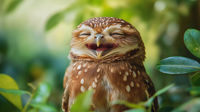 Adorable burrowing owl laughing with eyes closed in a joyful expression, capturing pure happiness in nature.