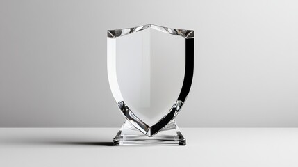 A clear shield with a black border sits on a white surface