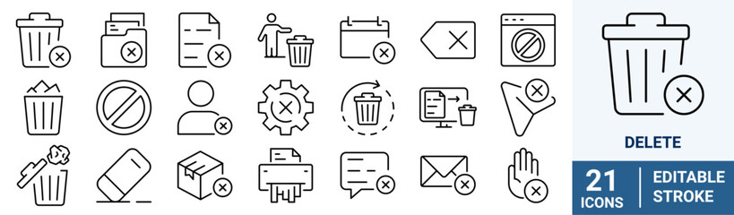Delete web line icon set. Containing trash, delete button, cancel, undo, throw and remove icons. Solid icon collection. Vector illustration.