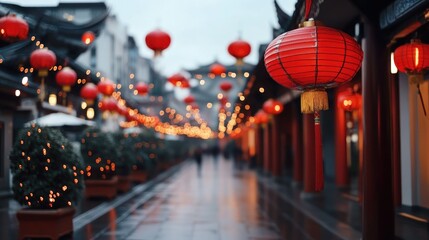 Naklejka premium Colorful red lanterns hang above a vibrant street adorned with twinkling lights creating a festive atmosphere for the Chinese New Year celebrations. A charming walkway is visible in the background