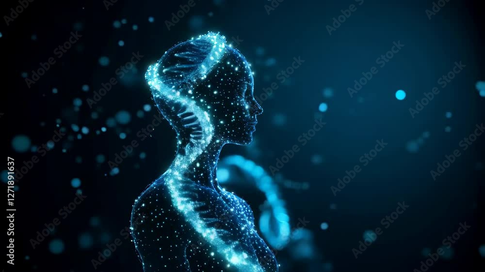 Poster glowing blue dna helix structure animation in dark background. digital genome sequence visualization